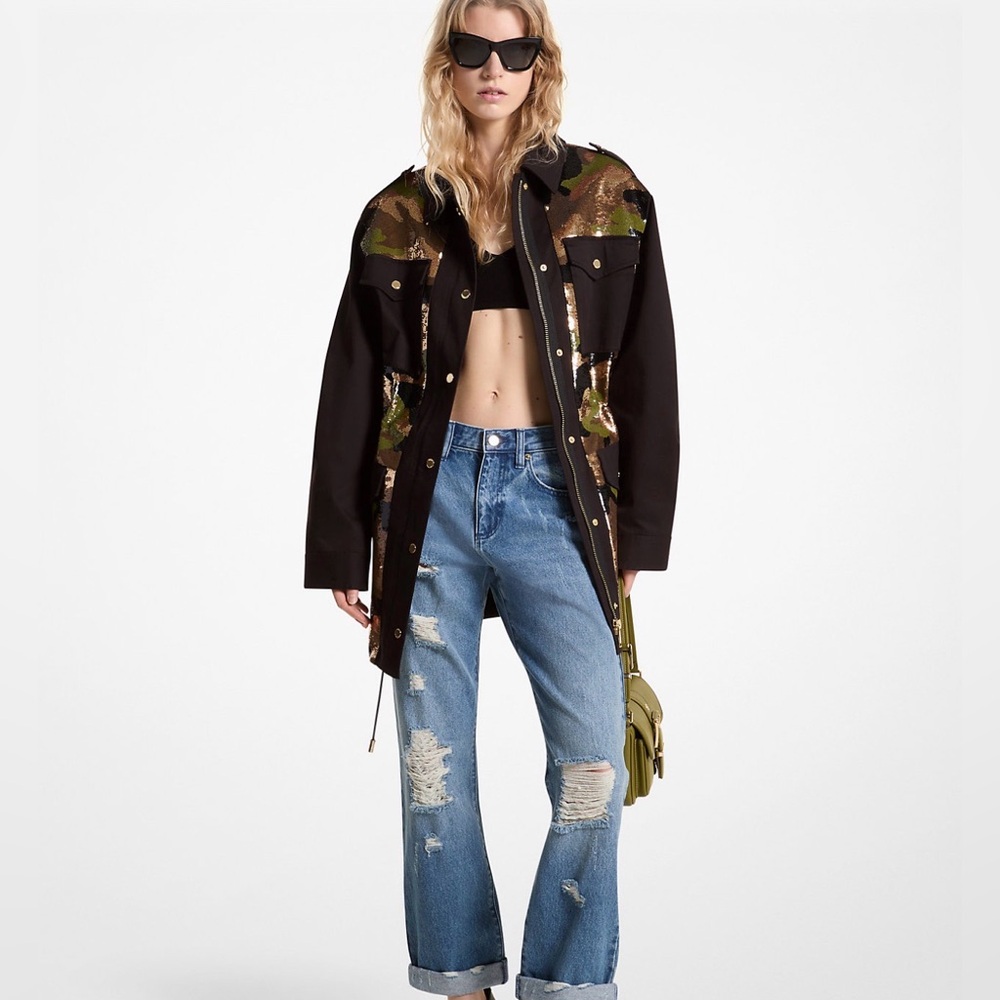MICHAEL Michael Kors Sequined Camouflage Stretch Cotton Anorak Jacket | NWT